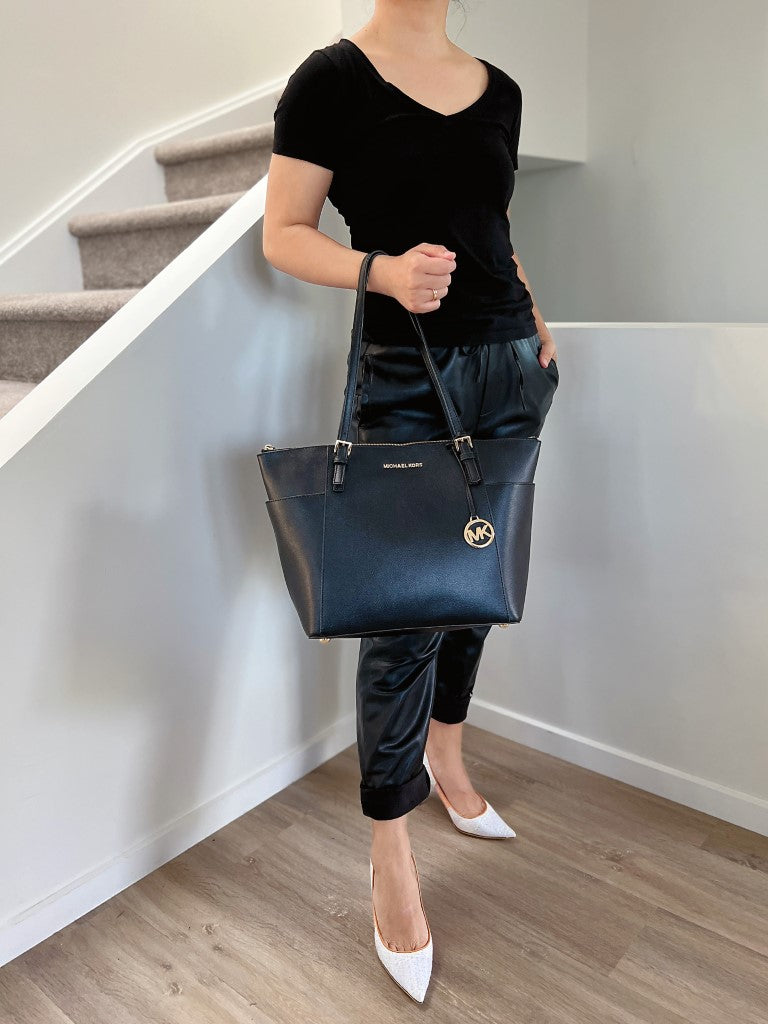 Michael Kors Black Leather MK Charm Career Shoulder Bag Excellent