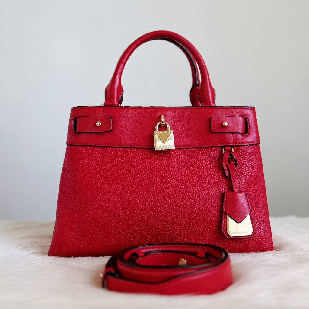 Michael Kors Red Leather Front Lock 2 Way Shoulder Bag