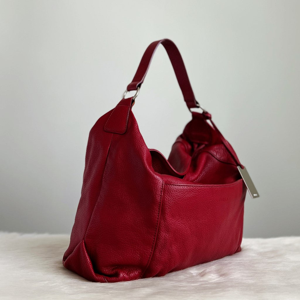 Furla Red Leather Front Pocket Slouchy 2 Way Shoulder Bag Like New