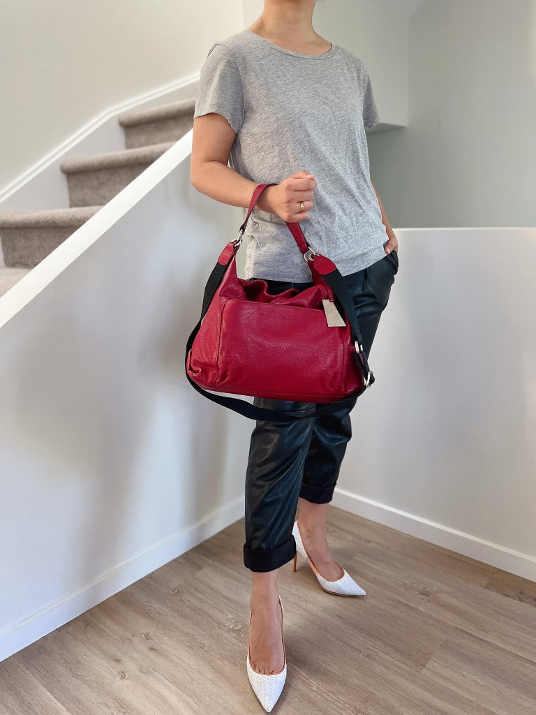 Furla Red Leather Front Pocket Slouchy 2 Way Shoulder Bag Like New