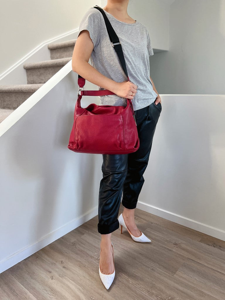 Furla Red Leather Front Pocket Slouchy 2 Way Shoulder Bag Like New