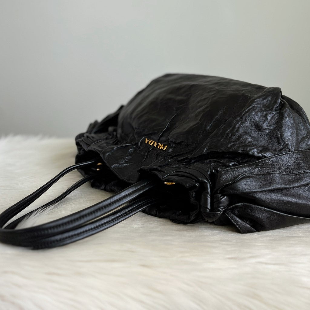 Prada Black Leather Side Bow 2 Way Shoulder Bag Excellent