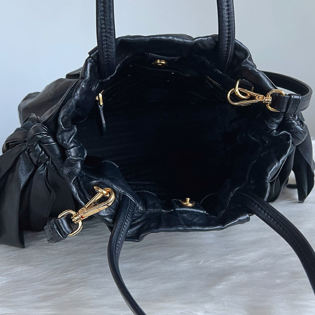 Prada Black Leather Side Bow 2 Way Shoulder Bag Excellent