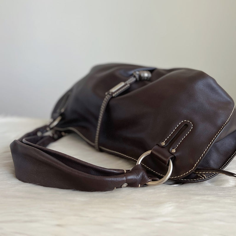 Celine Dark Chocolate Leather Front Detail Shoulder Bag