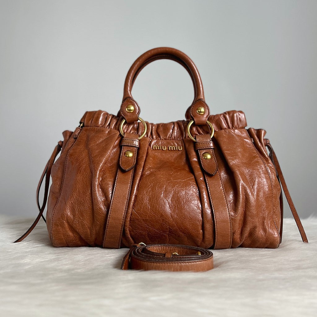 Miu Miu Caramel Leather Signature Vitello 2 Way Shoulder Bag