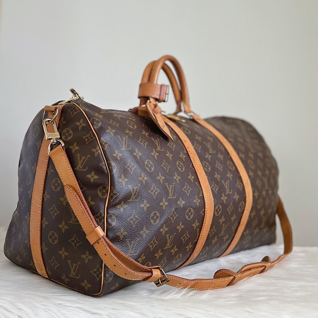 Louis Vuitton Signature Monogram Bandouliere Keepall 55 Travel Bag Full Set