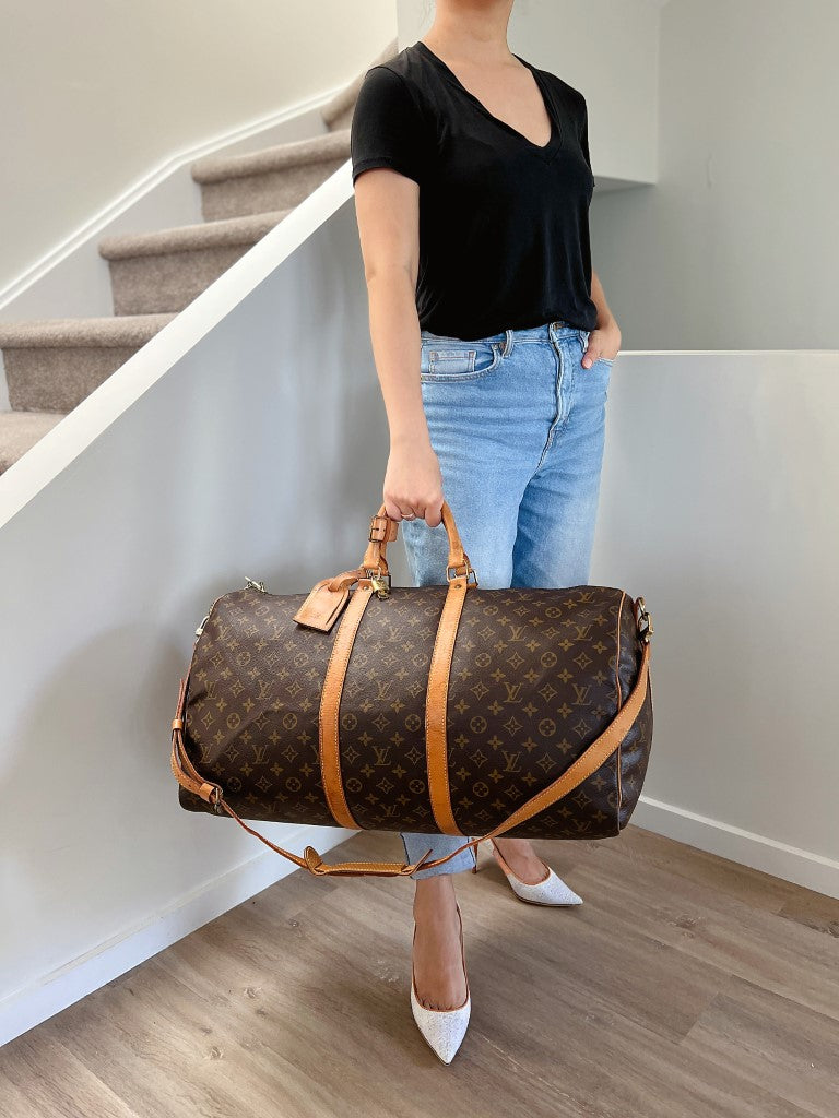 Louis Vuitton Signature Monogram Bandouliere Keepall 55 Travel Bag Full Set