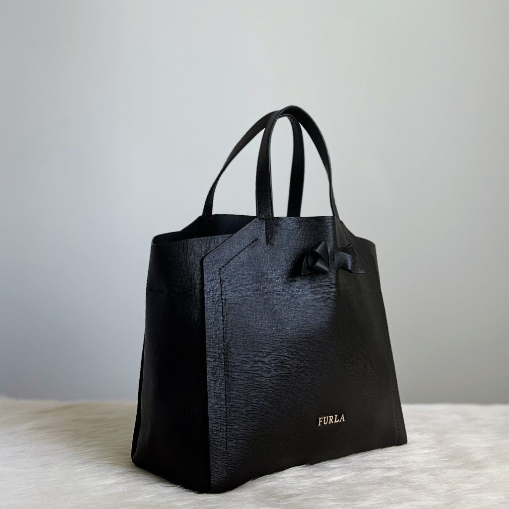 Furla Black Leather Front Bow Detail Tote Bag