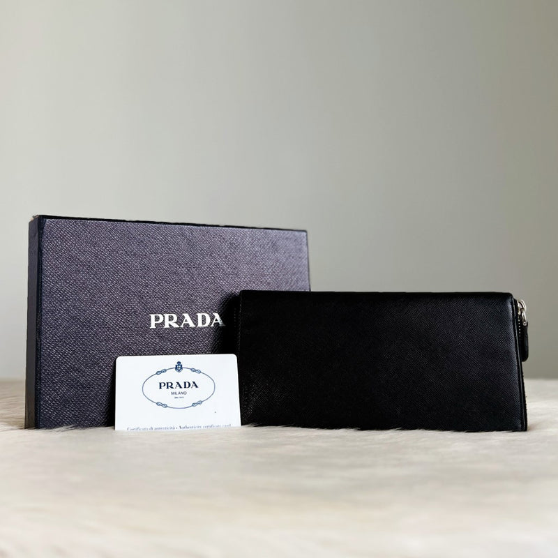 Prada Black Leather Coin Compartment Unisex Long Wallet Excellent