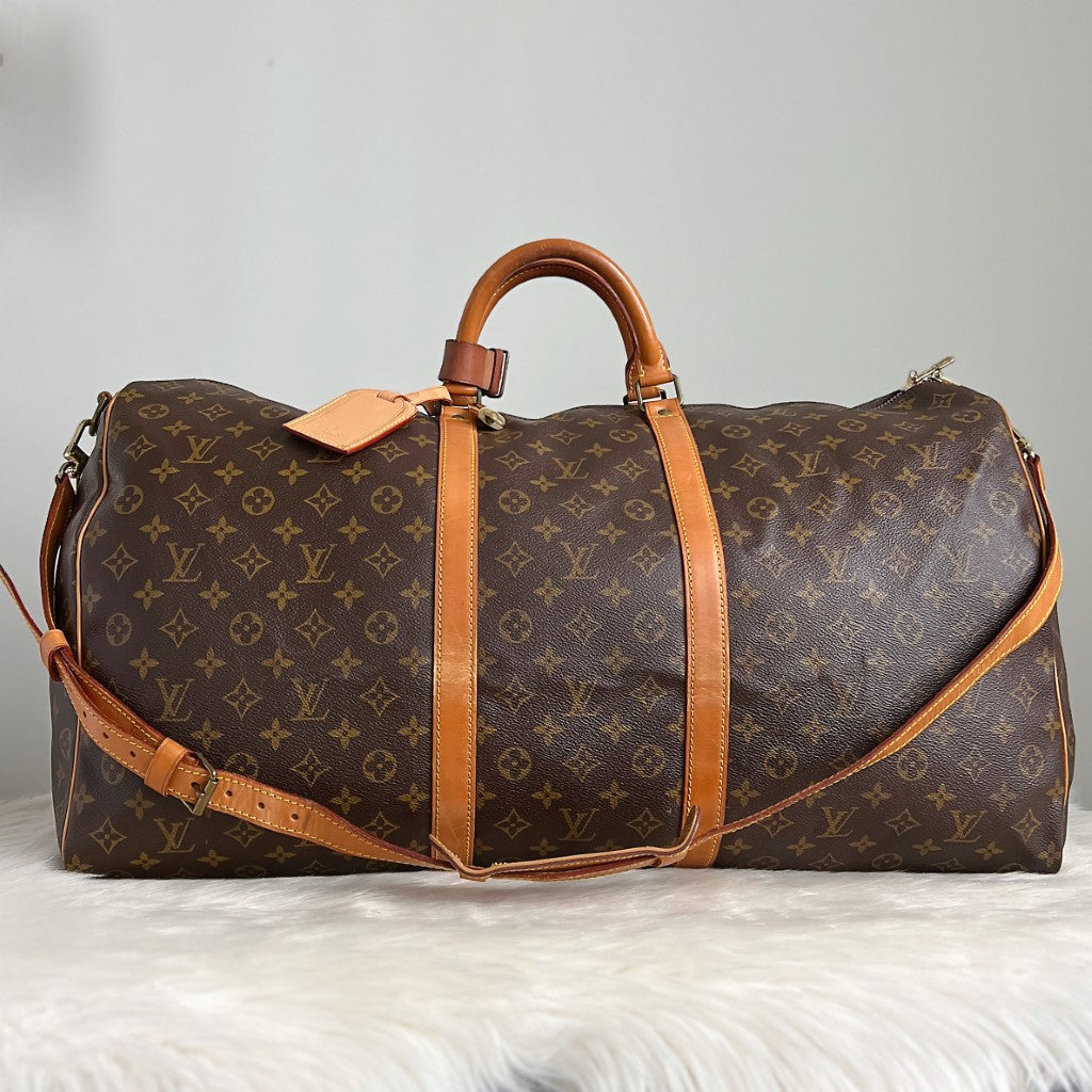 Louis Vuitton Signature Monogram Bandouliere Keepall 60 Travel Bag Full Set