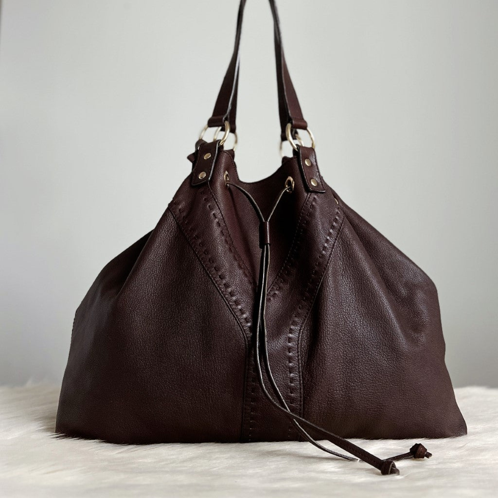 Saint Laurent YSL Chocolate Leather Signature Y Drawstring Shoulder Bag