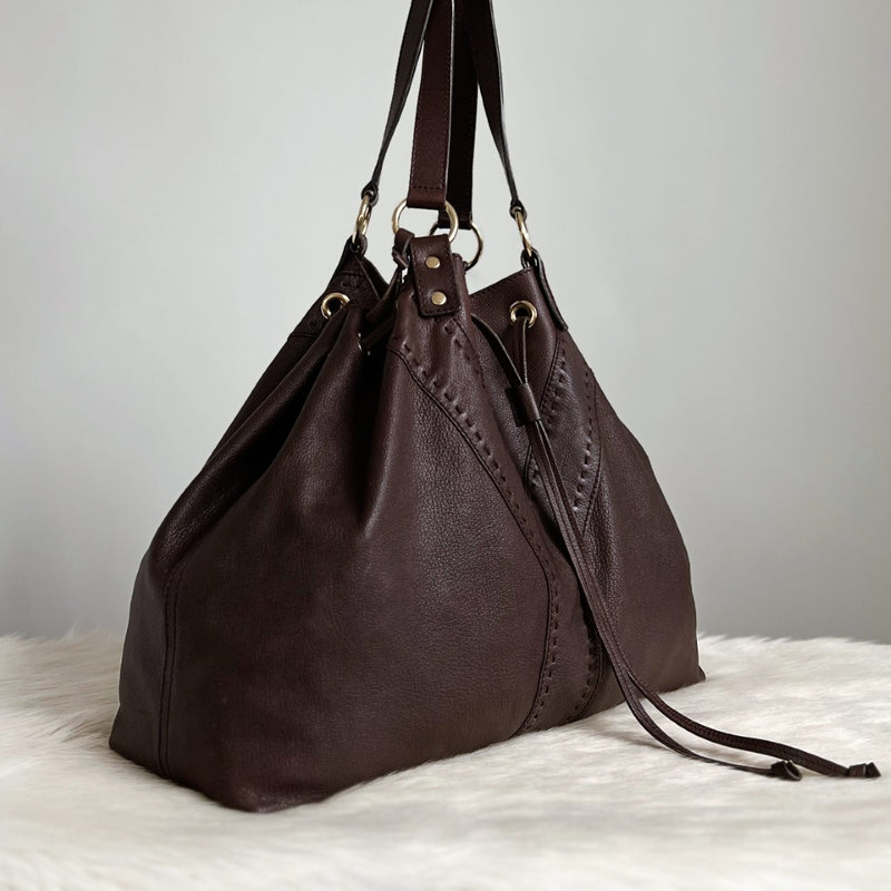 Saint Laurent YSL Chocolate Leather Signature Y Drawstring Shoulder Bag