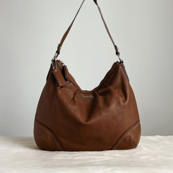 Coach Brown Leather Front Logo Slouchy Shoulder Bag