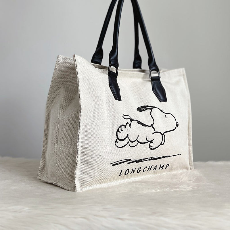 Longchamp Black Leather Snoopy Print Shoulder Bag Like New