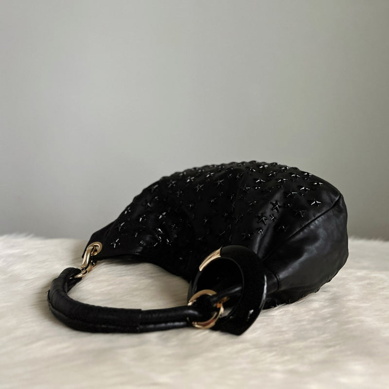 Jimmy Choo Signature Black Leather Solar Studded Hobo Shoulder Bag