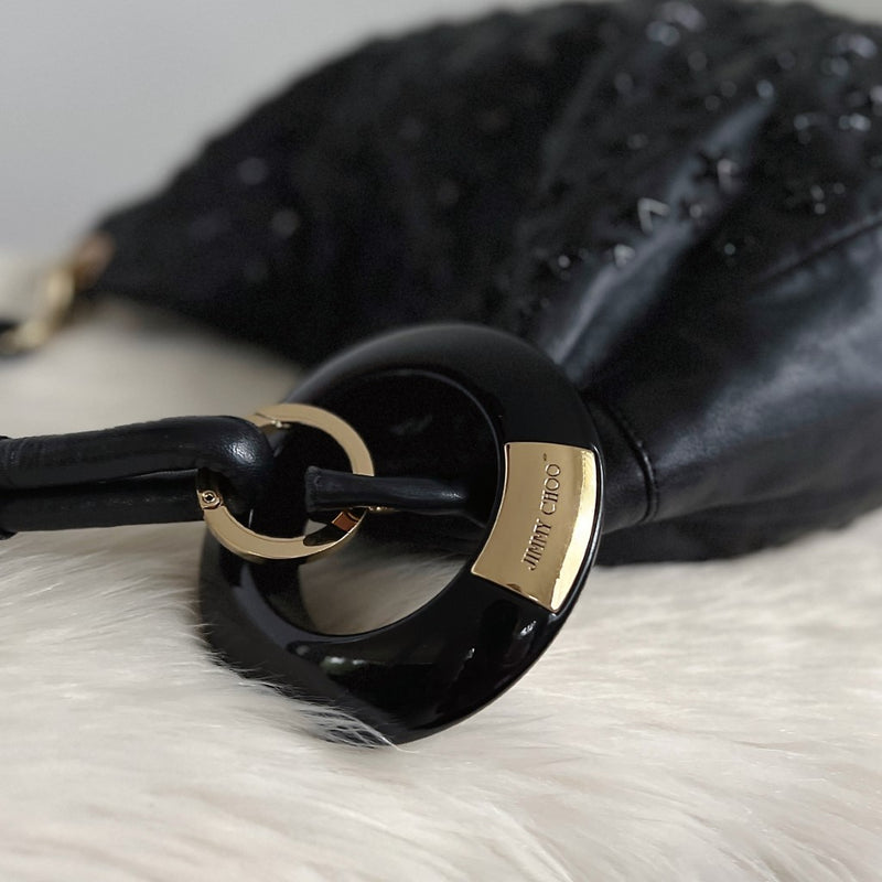Jimmy Choo Signature Black Leather Solar Studded Hobo Shoulder Bag