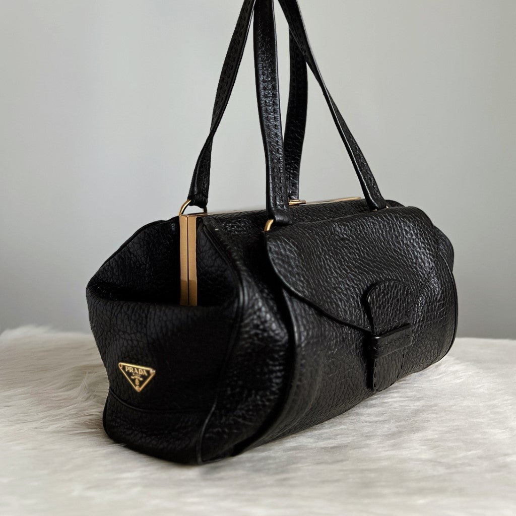 Prada Black Leather Front Pocket Shoulder Bag Excellent