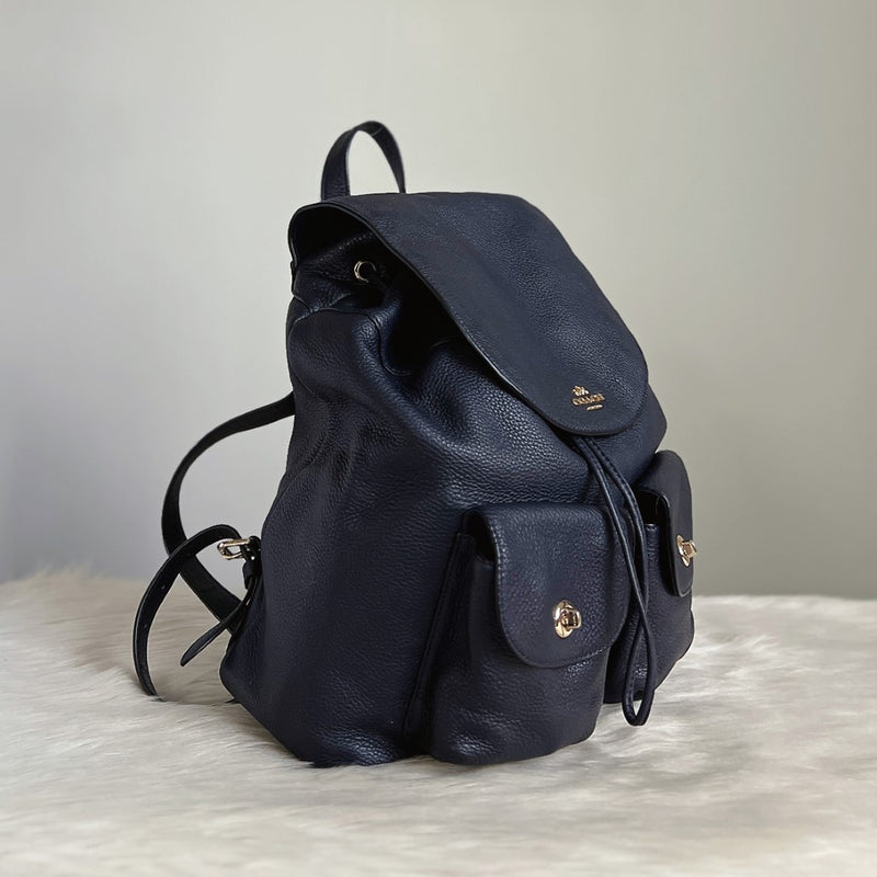 Coach Navy Leather Turn Lock Pocket Drawstring Backpack Excellent