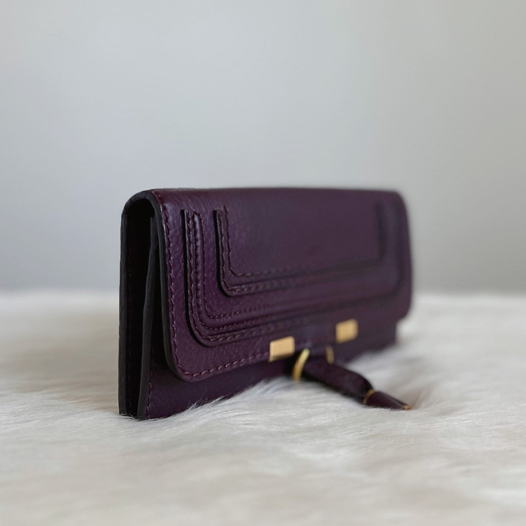 Chloe Plum Leather Front Detail Compartment Long Wallet Excellent