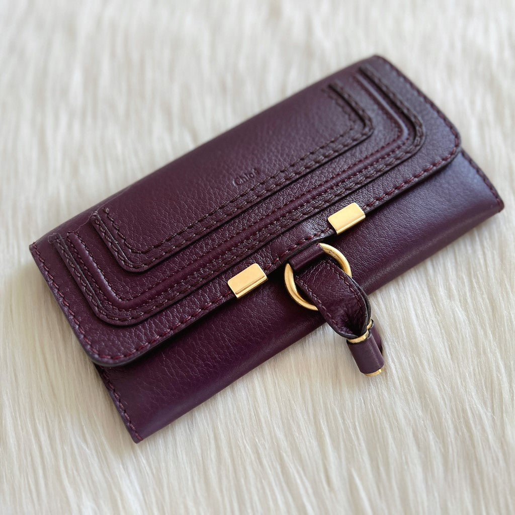 Chloe Plum Leather Front Detail Compartment Long Wallet Excellent