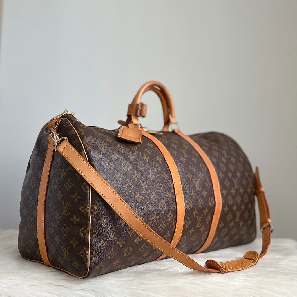 Louis Vuitton Signature Monogram Bandouliere Keepall 55 Travel Bag Full Set