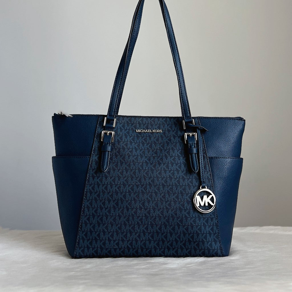 Michael Kors Navy Leather MK Monogram Career Shoulder Bag Like New