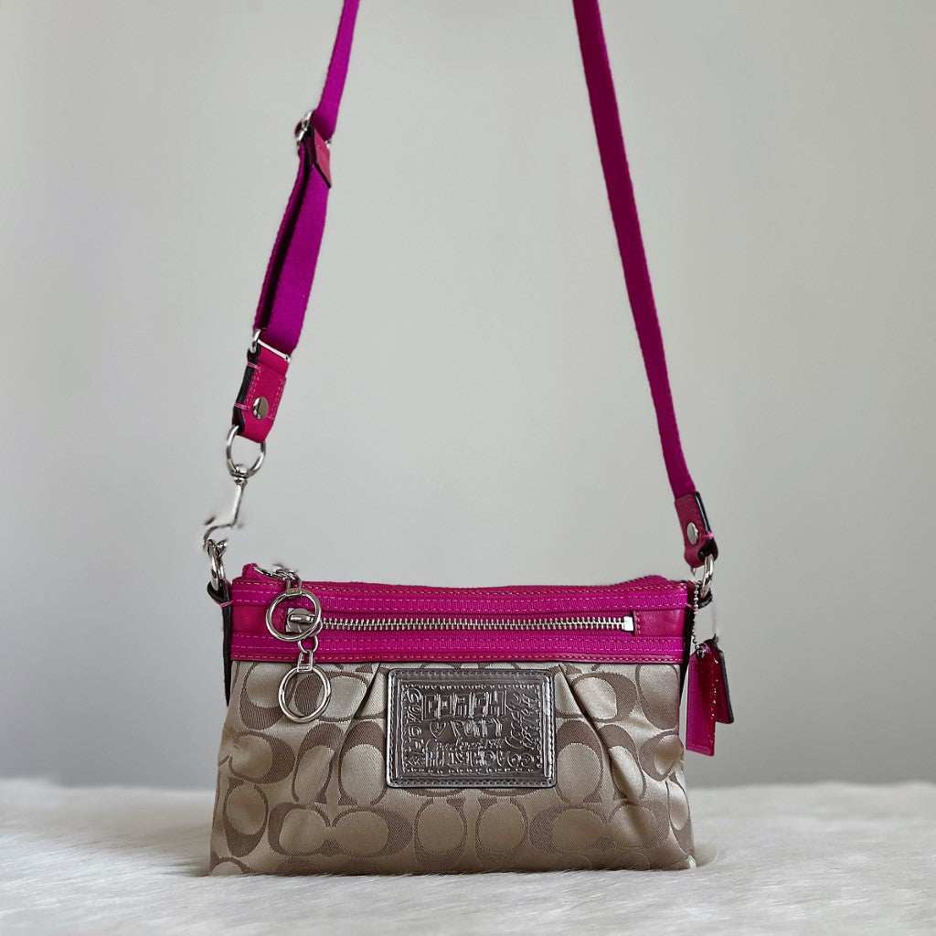 Coach Monogram Fuschia Leather Trim Crossbody Shoulder Bag Excellent