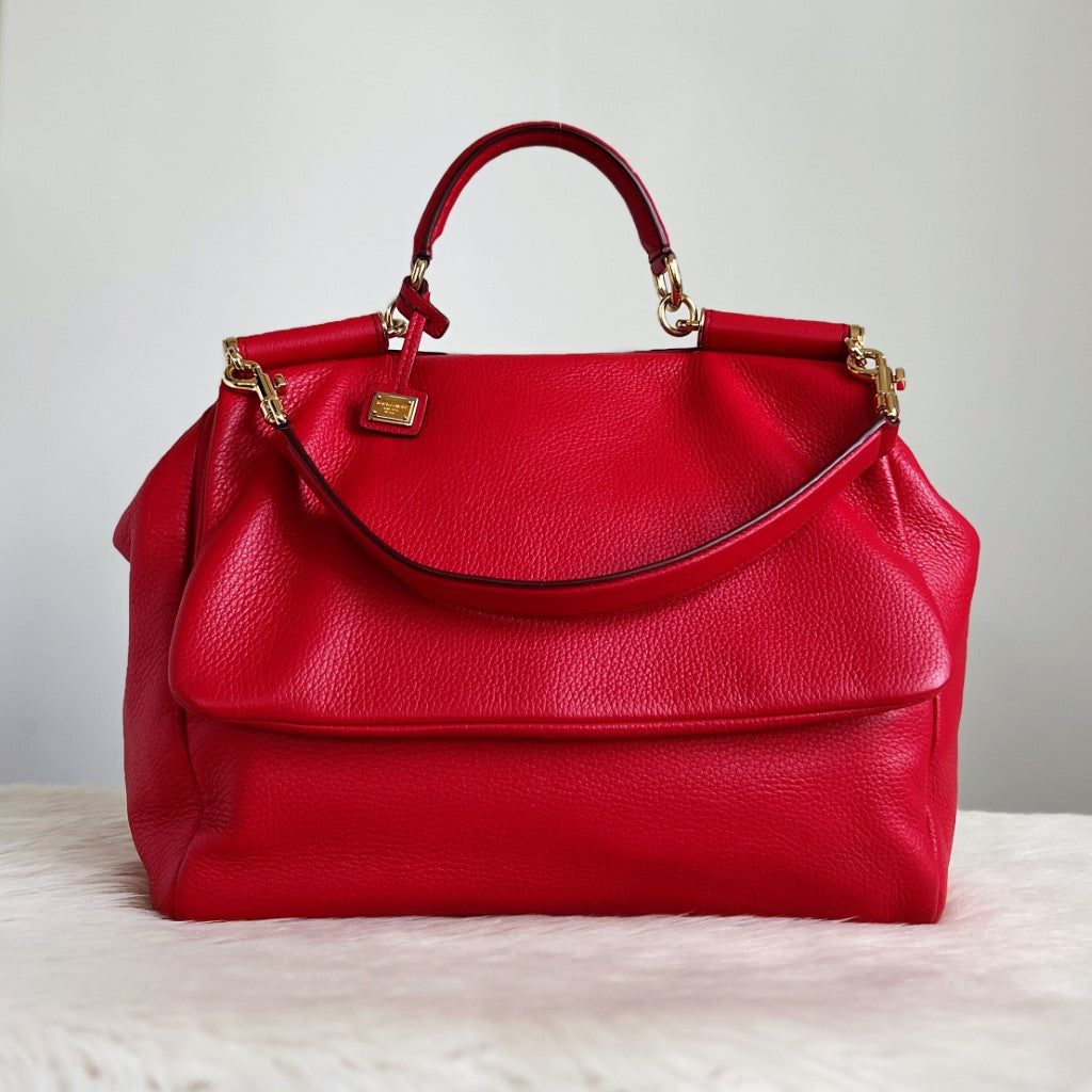 Dolce & Gabbana D&G Red Leather Sicily Kate Middleton 2 Way Shoulder Bag