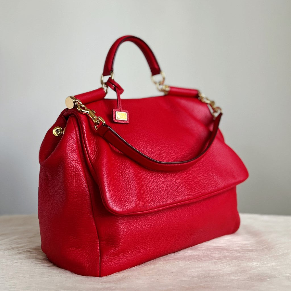 Dolce & Gabbana D&G Red Leather Sicily Kate Middleton 2 Way Shoulder Bag