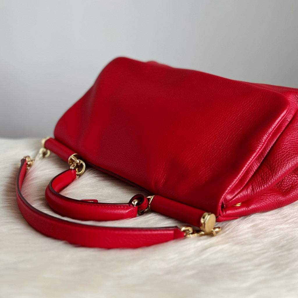 Dolce & Gabbana D&G Red Leather Sicily Kate Middleton 2 Way Shoulder Bag