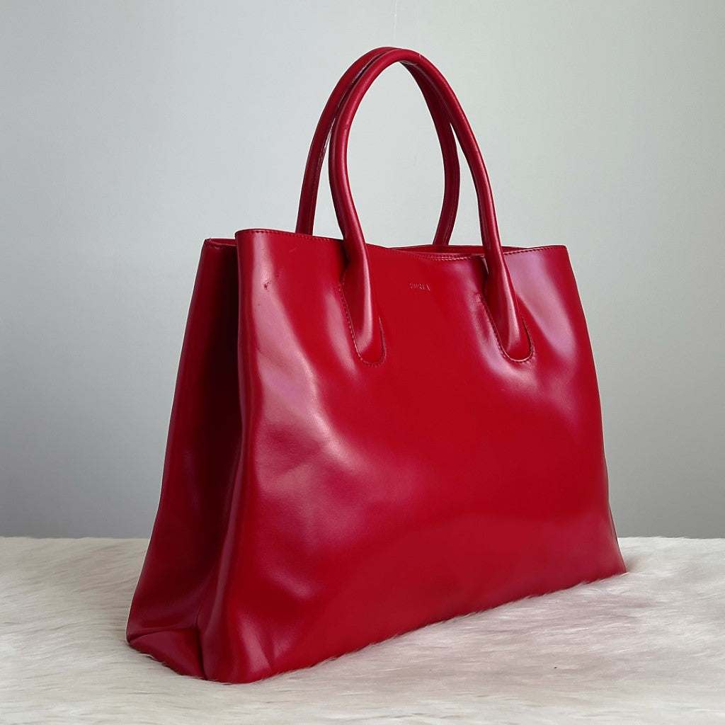 Furla Red Leather Double Compartment Large Shoulder Bag