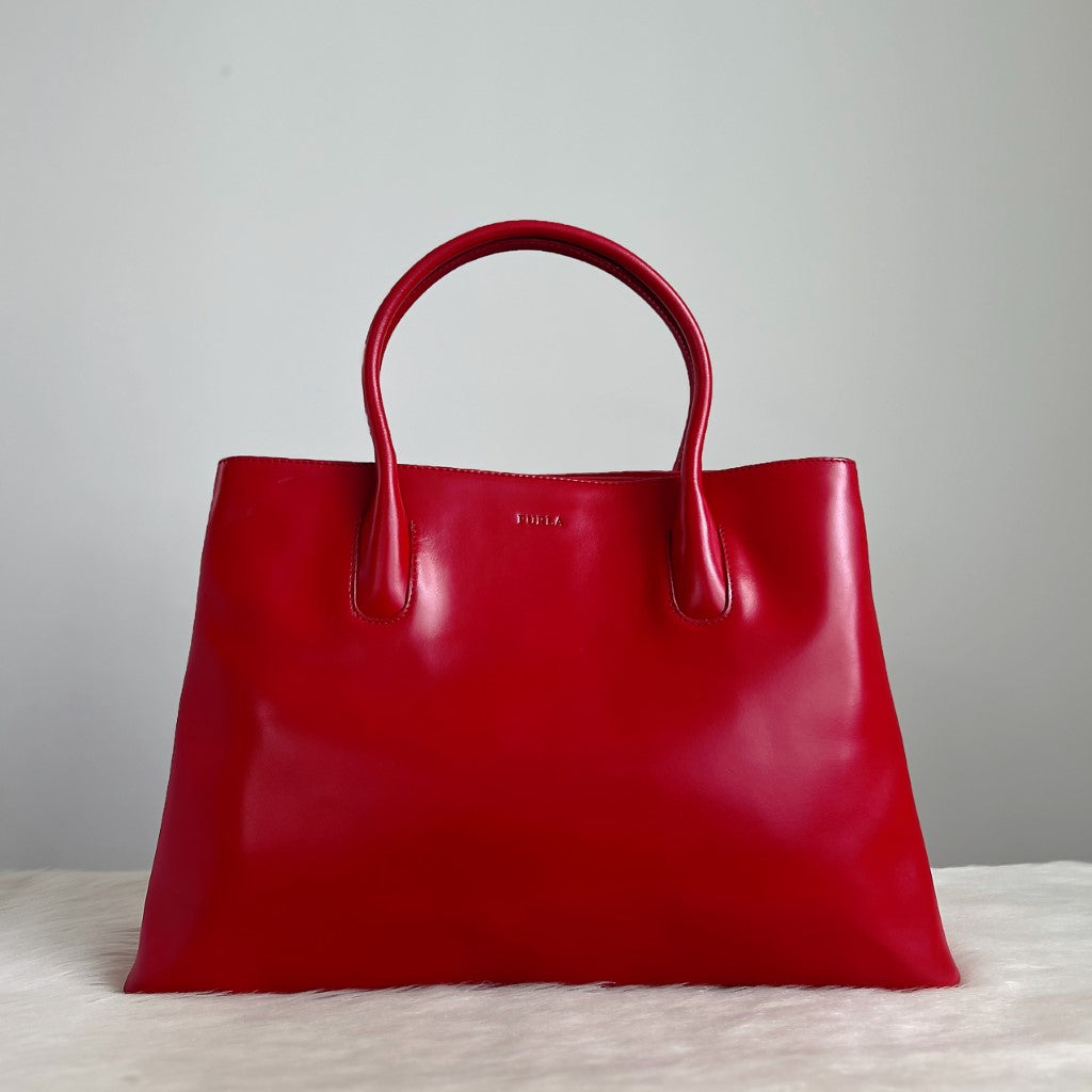 Furla Red Leather Double Compartment Large Shoulder Bag