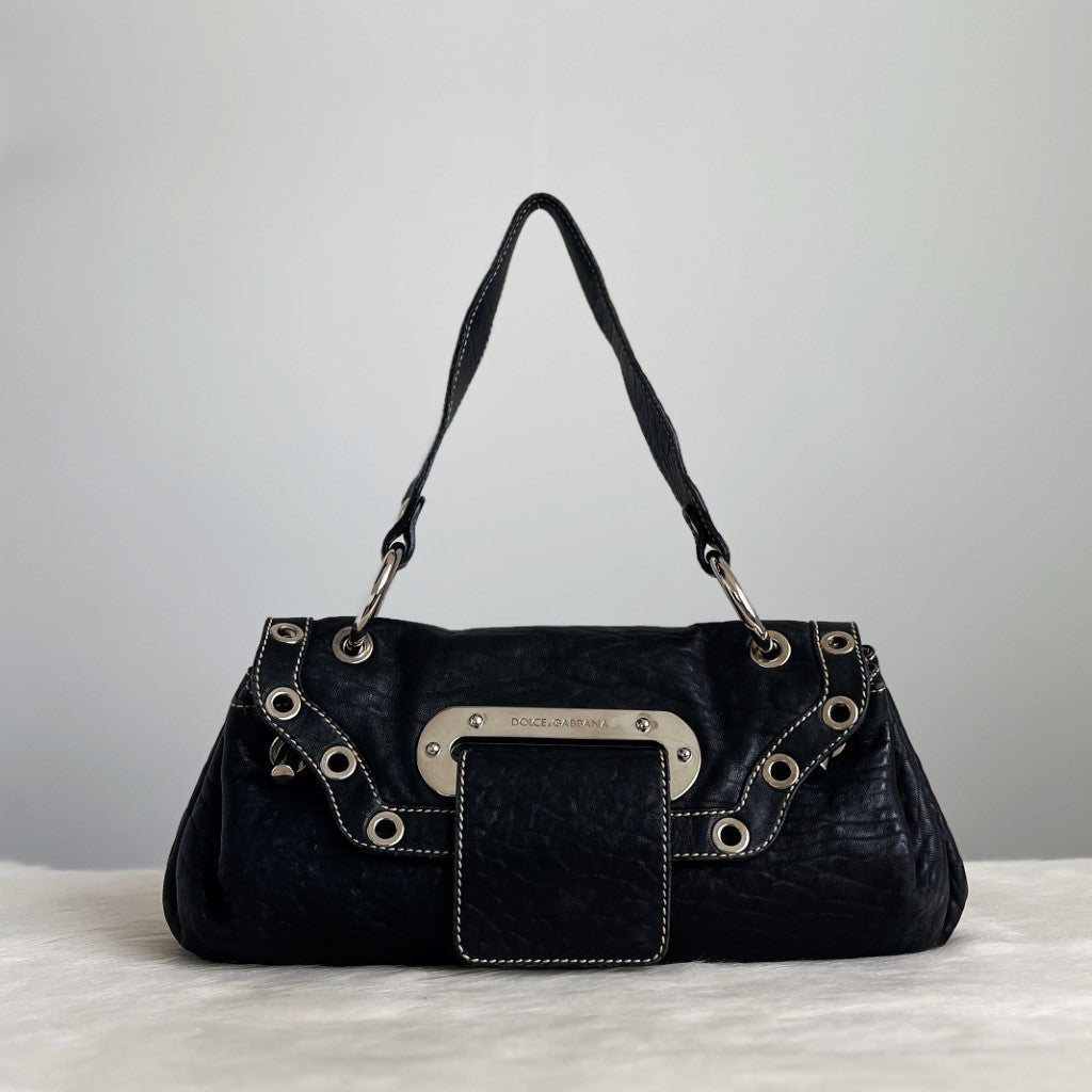 Dolce & Gabbana D&G Black Leather Front Detail Small Shoulder Bag