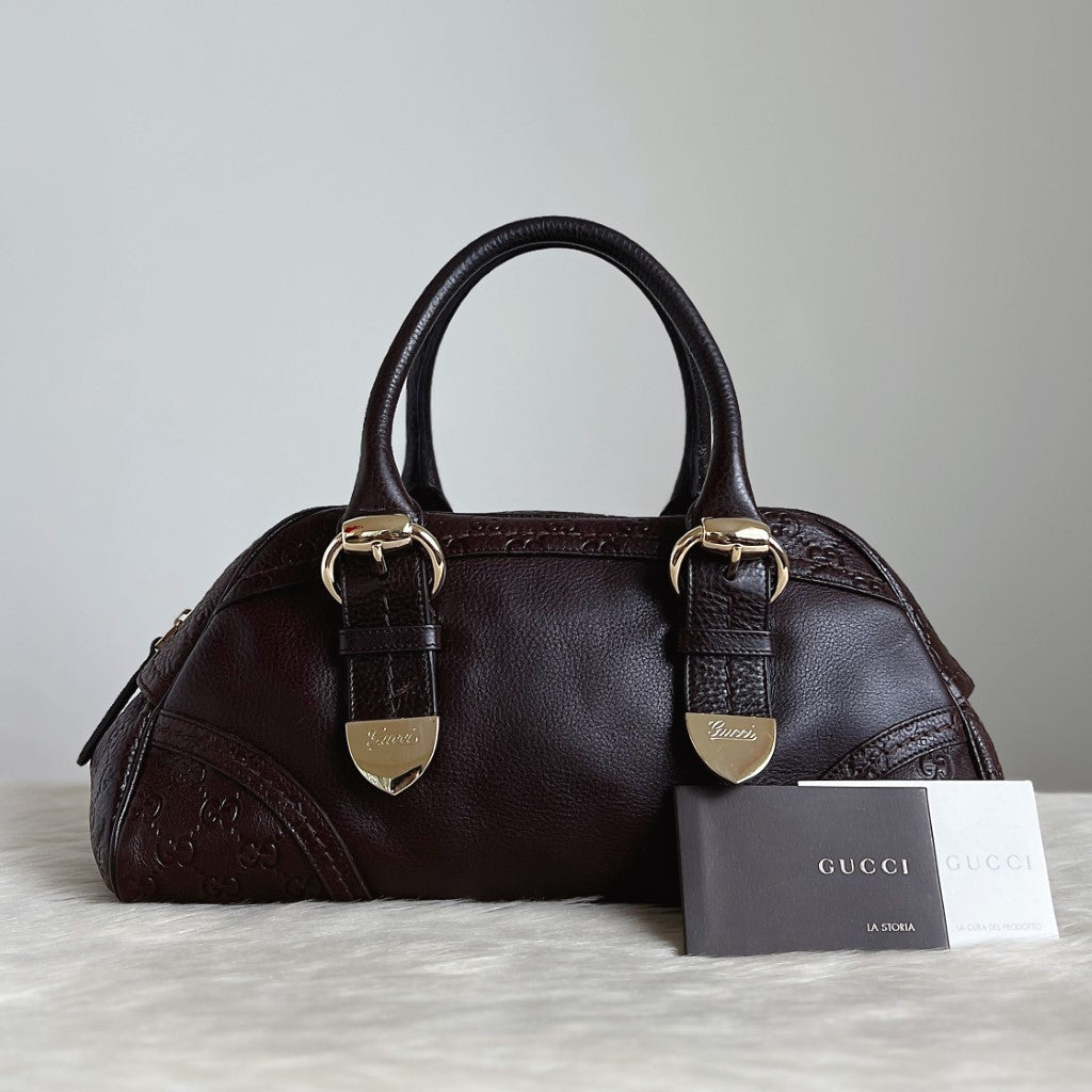 Gucci Chocolate Leather Signature Double G Detail Tote Bag