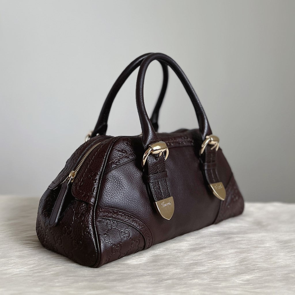 Gucci Chocolate Leather Signature Double G Detail Tote Bag