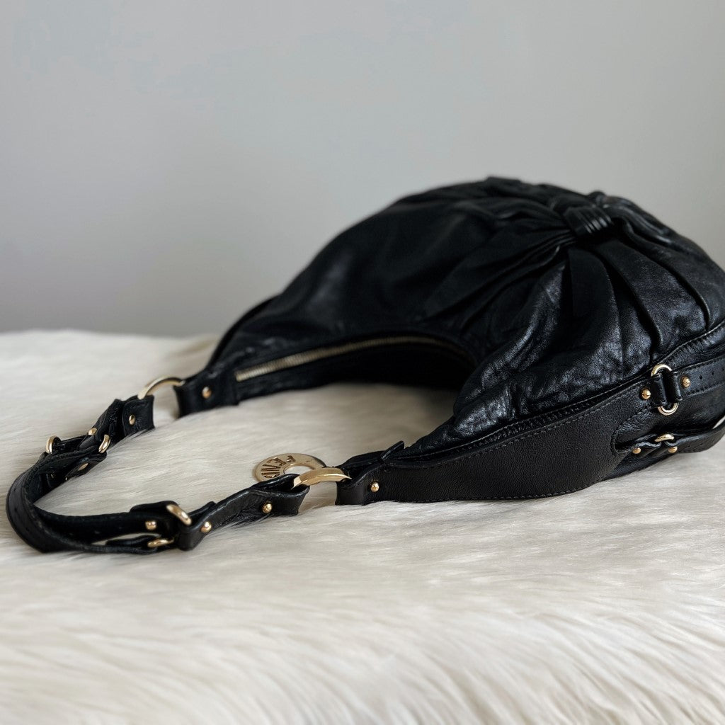 Fendi Black Leather Front Detail Half Moon Shoulder Bag