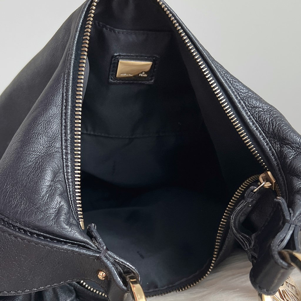 Fendi Black Leather Front Detail Half Moon Shoulder Bag