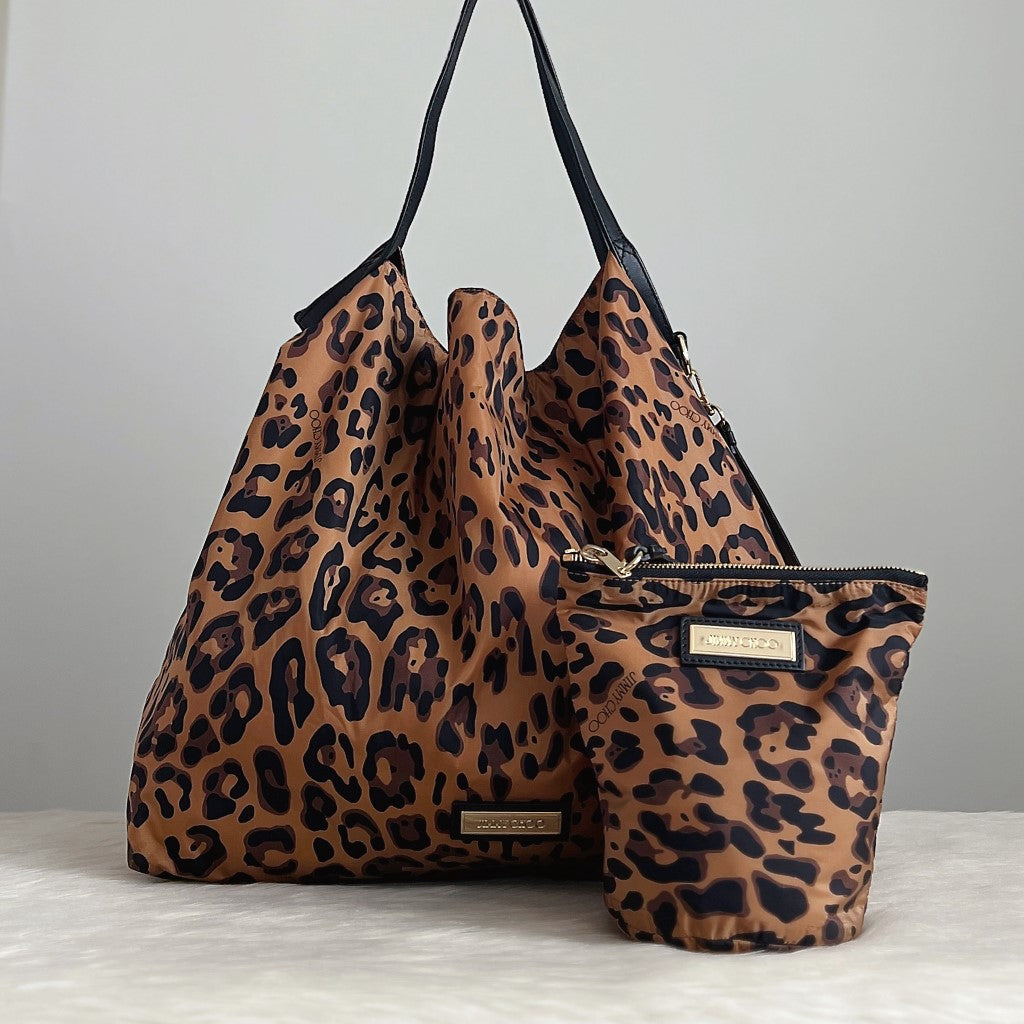 Jimmy Choo Leopard Print Slouchy Shoulder Bag + Pouch Excellent