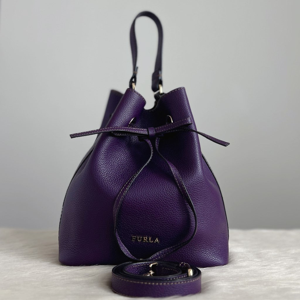 Furla Purple Leather Drawstring Bucket 2 Way Shoulder Bag Like New