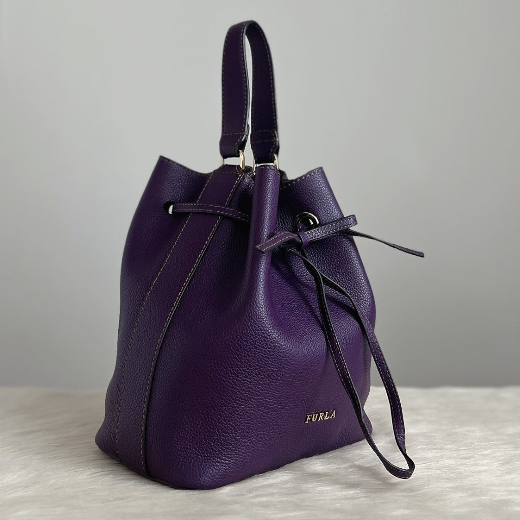 Furla Purple Leather Drawstring Bucket 2 Way Shoulder Bag Like New