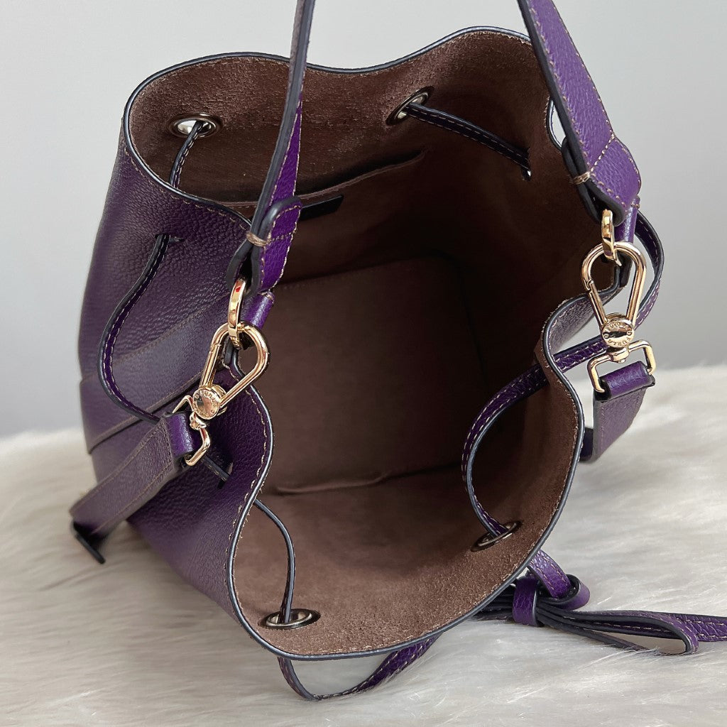 Furla Purple Leather Drawstring Bucket 2 Way Shoulder Bag Like New