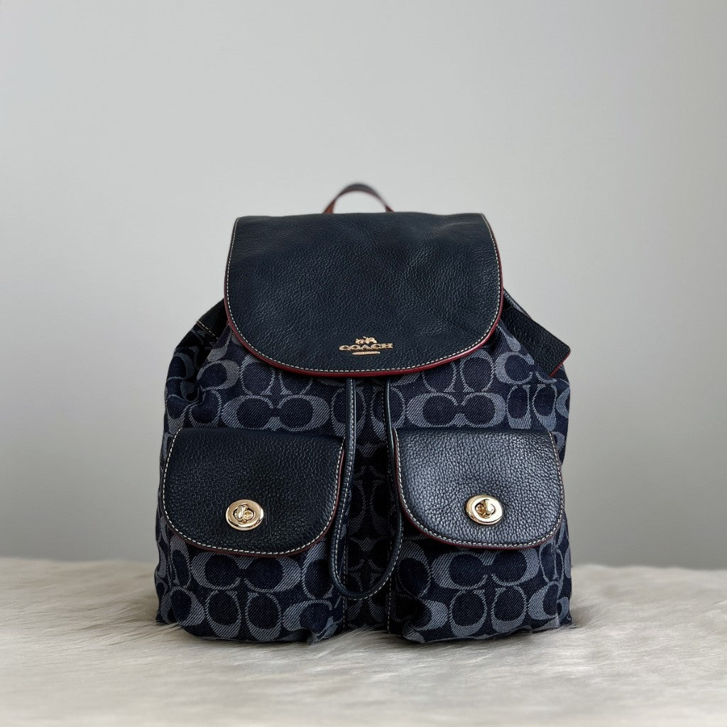 Coach Navy Monogram Drawstring Backpack Excellent