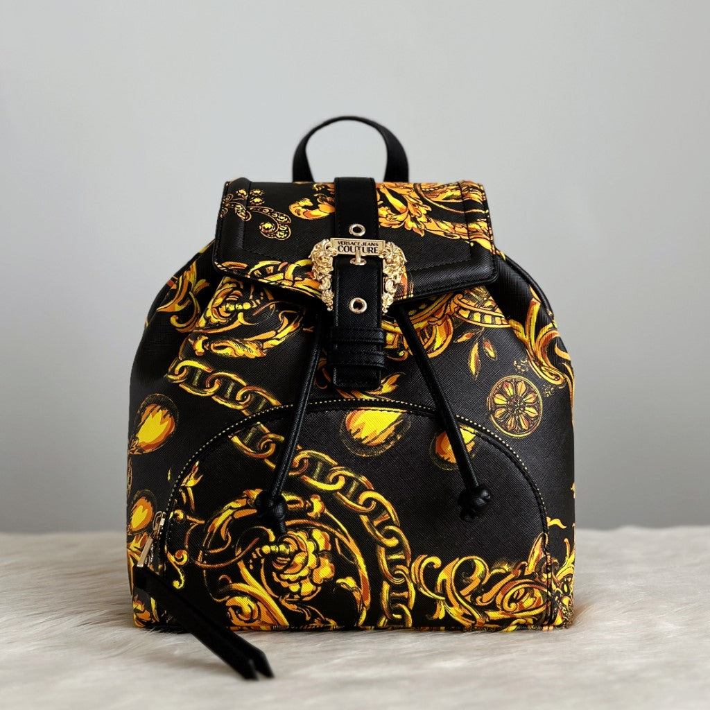 Versace Signature Pattern Front Pocket Buckle Detail Backpack Excellent