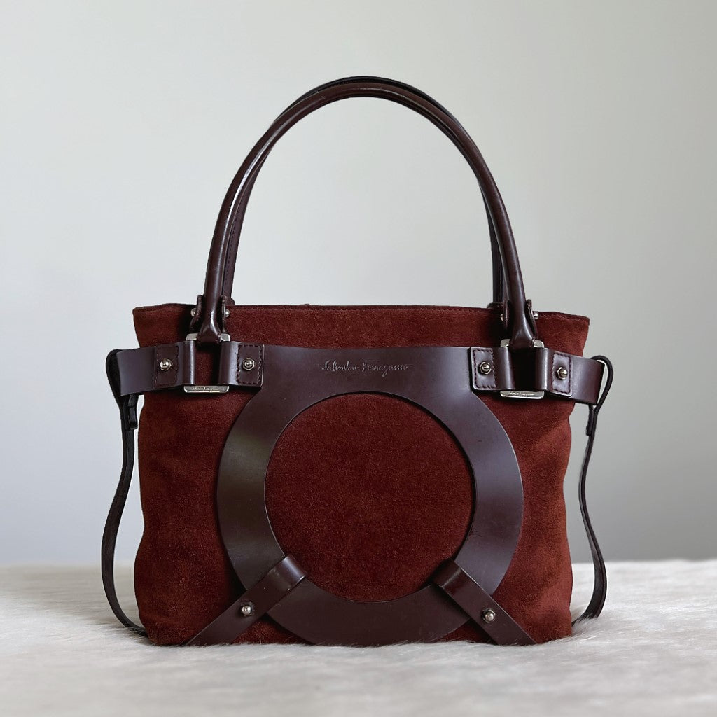 Salvatore Ferragamo Brown Leather Suede Patchwork Shoulder Bag