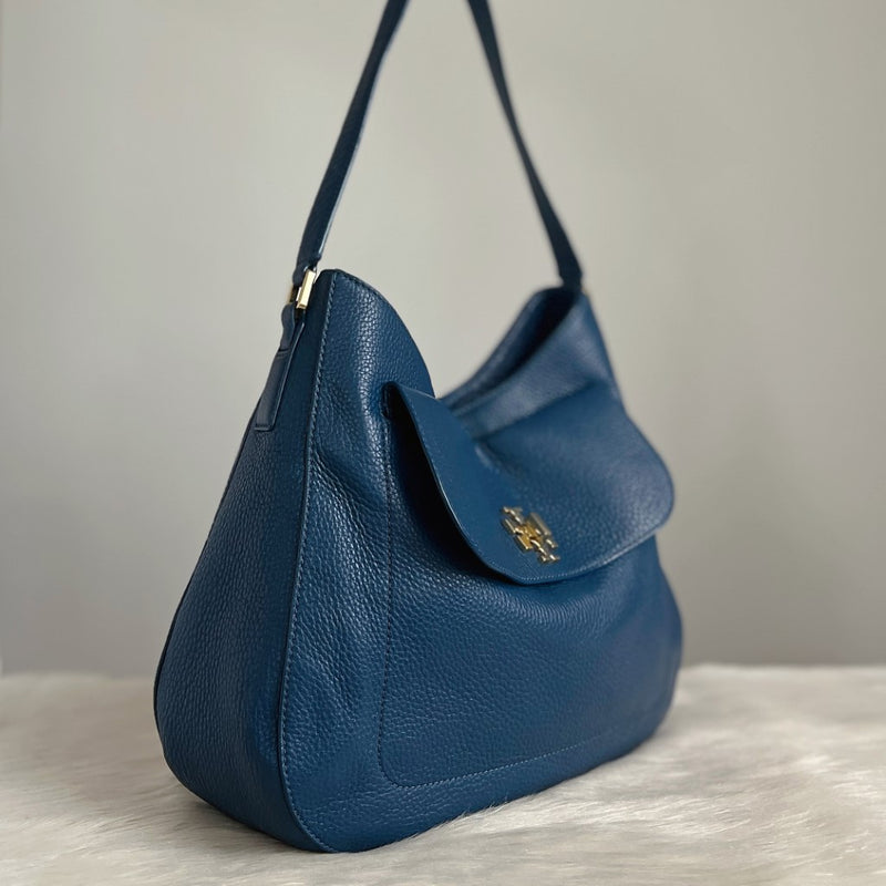 Tory Burch Blue Leather Slouchy Front Logo Shoulder Bag Like New