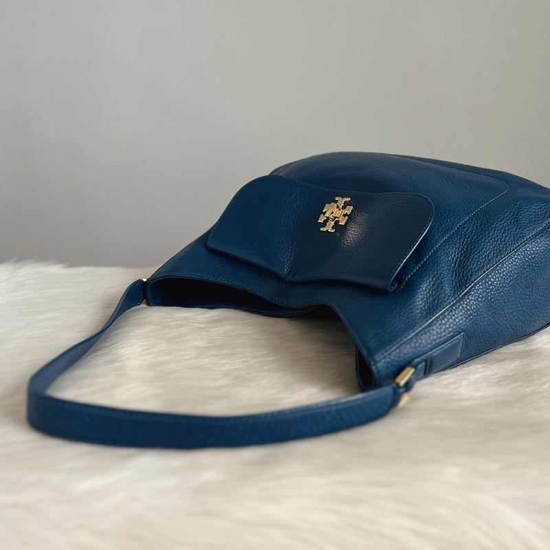 Tory Burch Blue Leather Slouchy Front Logo Shoulder Bag Like New