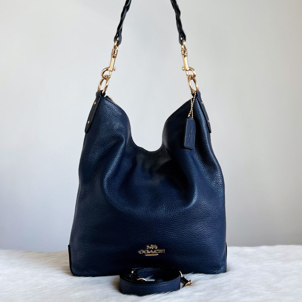 Coach Navy Leather Slouchy Pleated Strap 2 Way Shoulder Bag Excellent