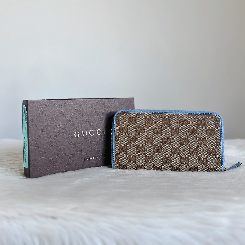 Gucci Blue Leather Trim Signature Monogram Long Wallet Excellent