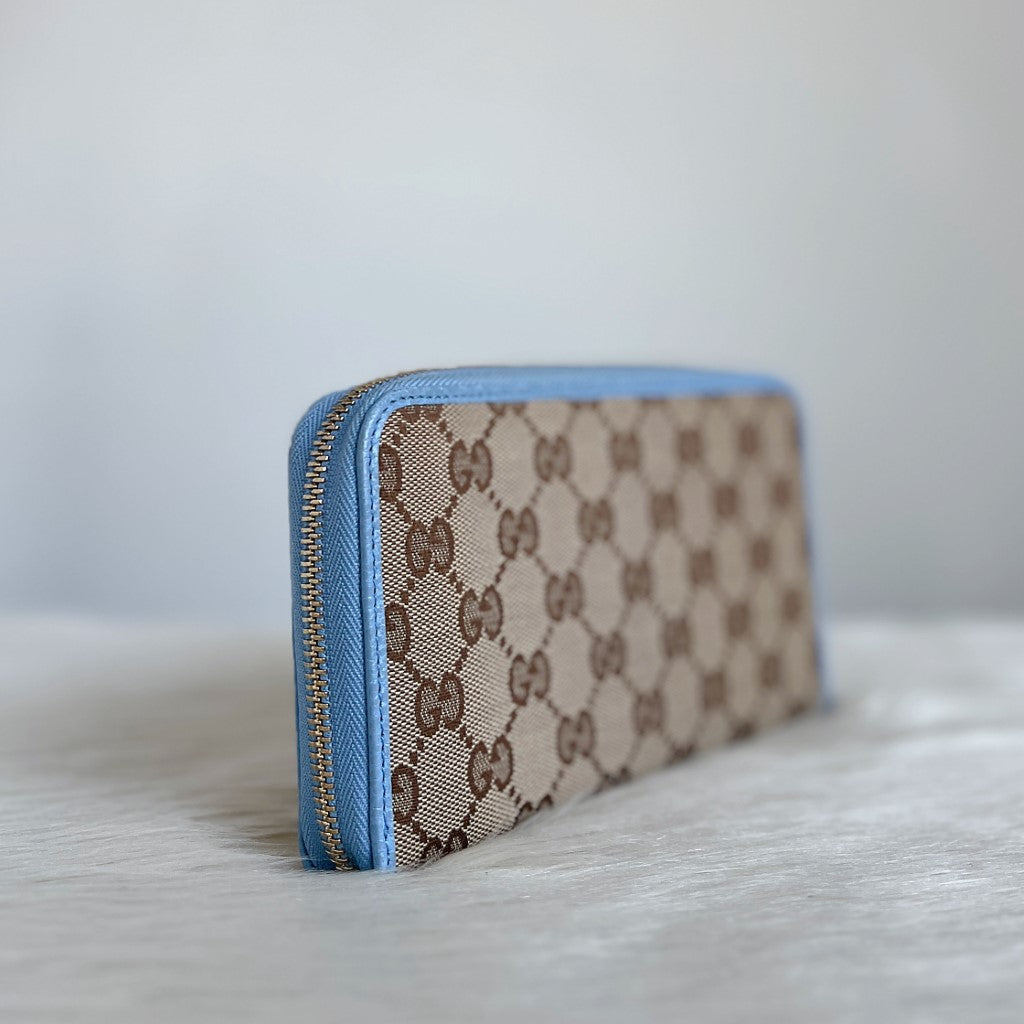 Gucci Blue Leather Trim Signature Monogram Long Wallet Excellent