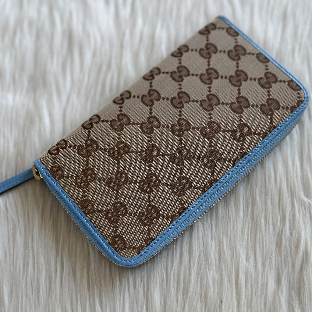 Gucci Blue Leather Trim Signature Monogram Long Wallet Excellent